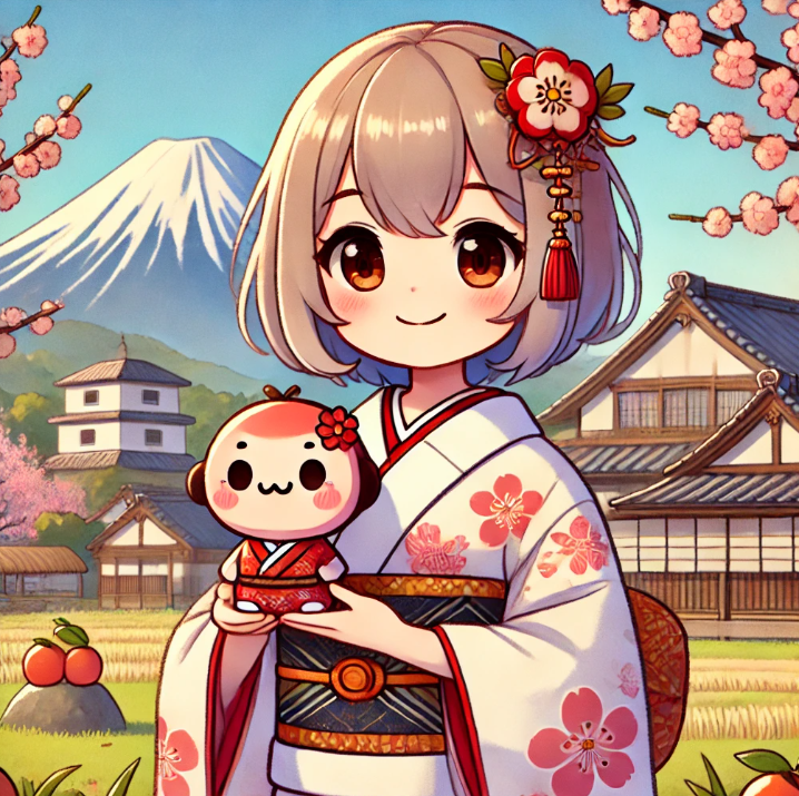 福島県の伝統・起き上がり小法師と桃を持つ着物キャラクターのイラスト