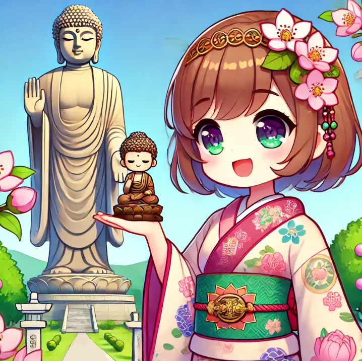 牛久大仏を背景に、桜の飾りと仏像を持った茨城県のキャラクターイラスト。春の観光をイメージした可愛いデザイン。