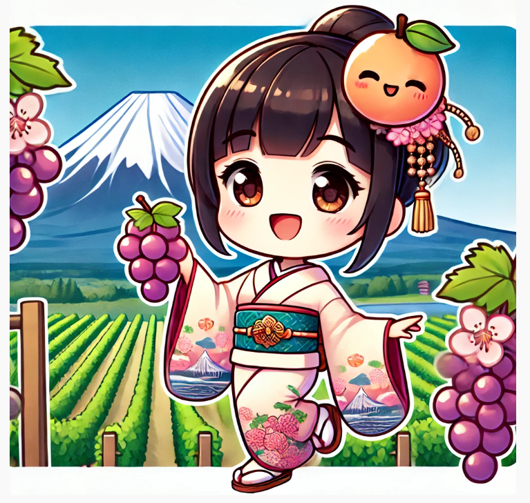 山梨県の特産・ぶどうと桃を手にした着物キャラクターのご当地MEO対策用イラスト
