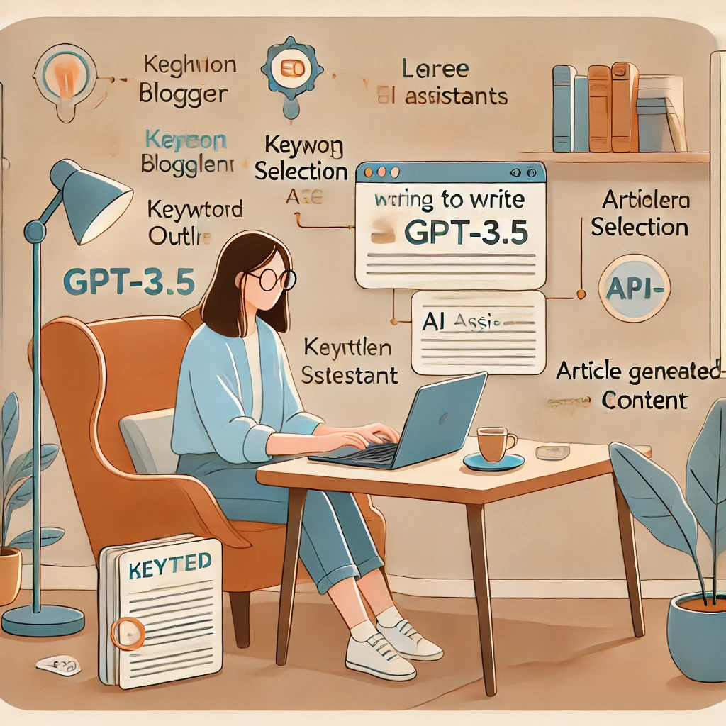 初心者ブロガーがGPT-3.5を使ってSEO記事を書いている様子を描いたイラスト。キーワード選定や記事構成のワークフローが描かれた、温かく親しみやすい雰囲気の作業空間。