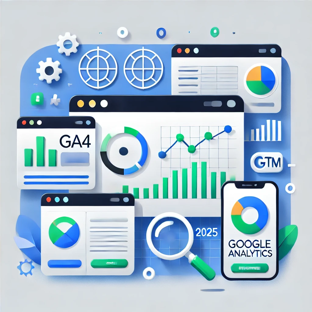Google Analytics 4とGoogle Tag Managerを連携するためのフラットデザイン風のイラスト
